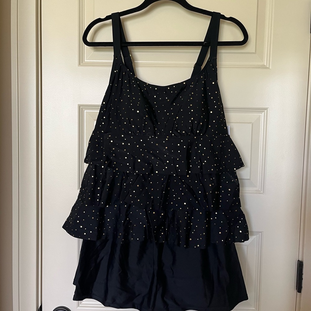 Black Ruffled one piece swimsuit Top with Gold Dots